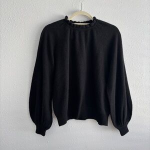 FRAME Black 100% Cashmere Ruffle Neck Puff Sleeve Knit Sweater